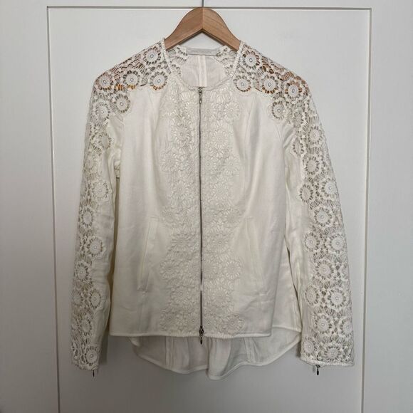 Vintage Anne Fontaine Neoma Jacket Sz 38 Small White Lace Linen Blend Full Zip - Picture 1 of 15